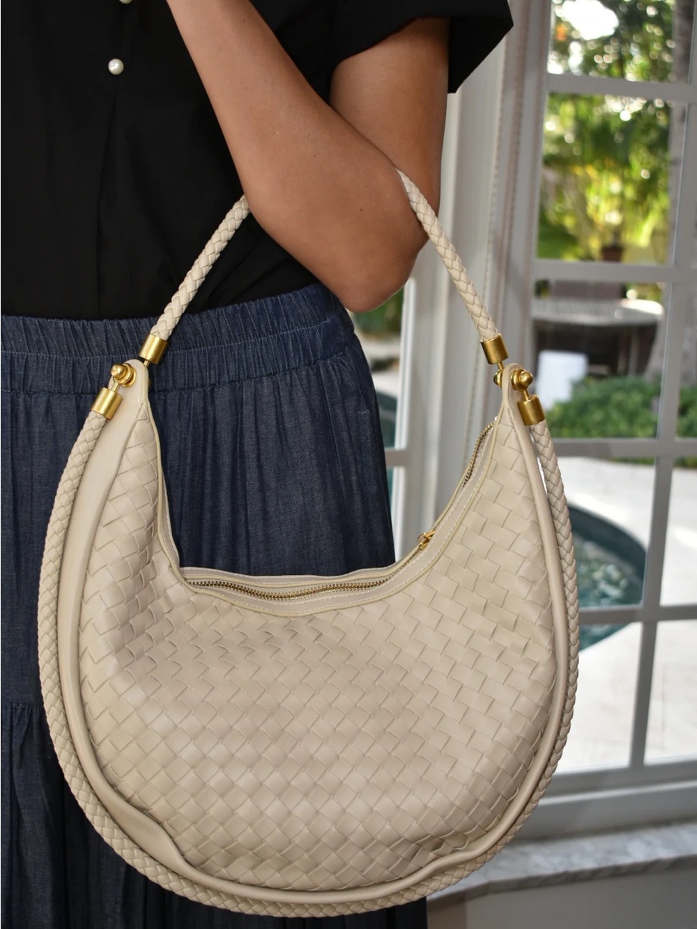 Taupe woven leather hobo crescent bag